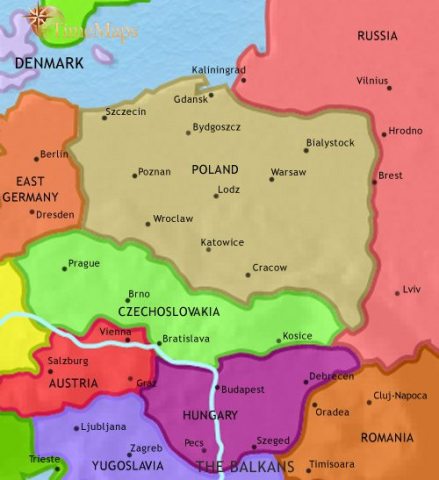 Map of East Central Europe in 1960 CE, after two world wars, Eastern-central Europe is divided amongst several communist controlled countries tied to the Soviet Union.