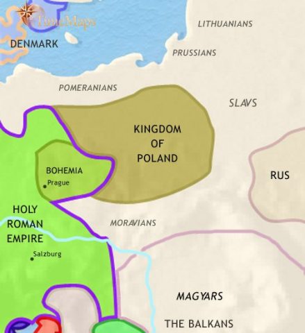 Map of East Central Europe in 979 CE, after great upheaval with the coming of the Moravians and then the Magyars. To the north Poland is now as a Christian principality.