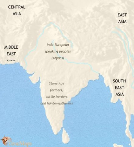 Map of India and South Asia in 1000 BCE, Aryans are now living in villages and tribal states spread across northern India. The Vedic age begins. Hinduism founded.
