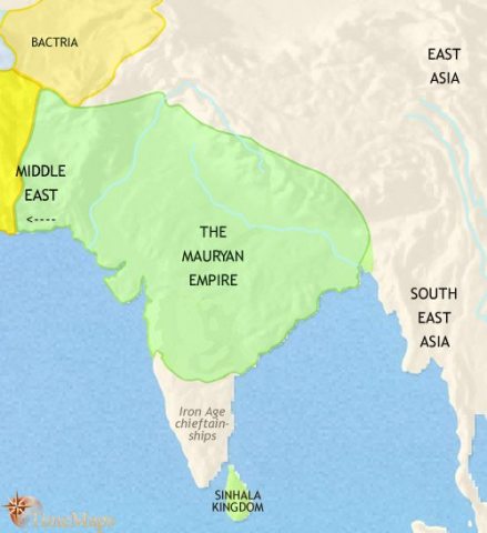 Map of India and South Asia in 200 BCE, the Mauryan Empire, which covered most of the sub-continent, is now declining. To the north-west, is the Greek-ruled kingdom of Bactria.