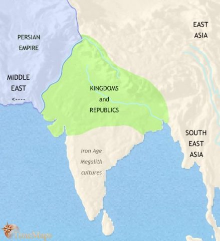 Map of India and South Asia in 500 BCE, Trade with the Middle East stimulates urban civilization and in 16 states have formed in Aryan India. Buddhism and Jainism founded.