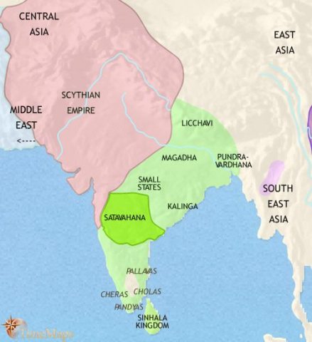 Map of India and South Asia in 30 BCE, the Scythians, dominate northern India, the Gandhara culture to the north-west, and the Satavahana kingdom in central India.