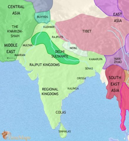 Map of India and South Asia in 1215 CE, Muslim states have established in the north, including the Sultanate of Delhi. In the Deccan the Chalukya kingdom has broken into large states.