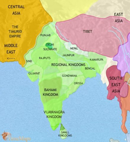 Map of India and South Asia in 1453 CE, in the north, Muslim princes rule a largely Hindu population. The southern Bahami sultanate and Hindu Vijayanagra are at war.