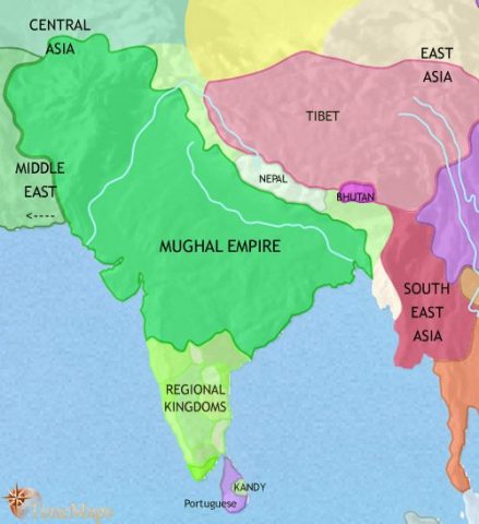 Map of India and South Asia in 1648 CE, The Mughal empire has conquered much of the Indian sub-continent. In north-west a new faith has appeared, Sikhism.