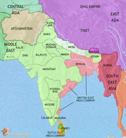 Map of India and South Asia in 1789 CE, as the Mughal empire declines into independent states, Europeans expand their interests. Sikh kingdoms form in the north-west.