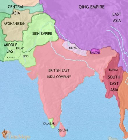 Map of India and South Asia in 1837, showing the British East India Company has conquered most of India. In the Panjab, Sikh states have formed into a unified empire.