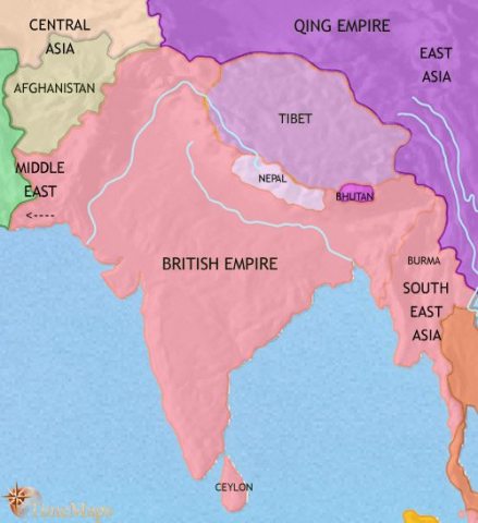 Map of India and South Asia in 1871 CE, showing the end of the Sikh empire, leaving the British in complete direct control of India, despite a great rebellion.