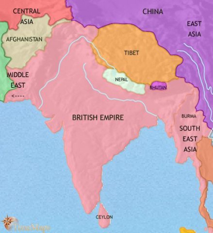 Map of India and South Asia in 1914 CE, showing India under British rule. Britain and Russia jockey for influence in Afghanistan and Central Asia.