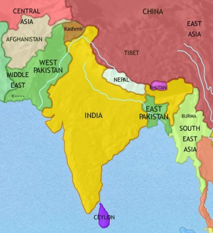 Map of India and South Asia in 1960 CE, after India has partitioned into two independent nations: India and Pakistan, ending colonial rule. Ceylon (Sri Lanka) also gains independence.