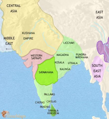 Map of India and South Asia in 200 CE, The Buddhist Kushana, have created a great empire in the north. The Satavahana kingdom has expanded. In the south are warring kingdoms.