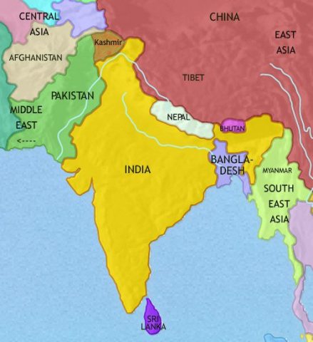 Map of India and South Asia in 2005 CE, East Pakistan is now the independent country of Bangladesh. Contention over Kashmir remains between India and Pakistan.