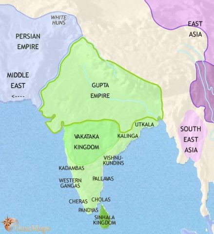 Map of India and South Asia in 500 CE, a great Gupta empire rules northern India with the Vataka Kingdon in the Deccan, both are in decline under Hun attacks.