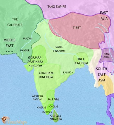 Map of India and South Asia in 750 CE, powerful regional kingdoms emerge in the north and Hinduism becomes dominant. The Buddhist Pallavas dominant southern India.