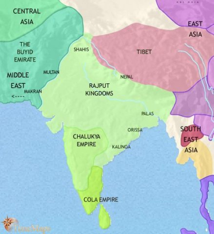 Map of India and South Asia in 979 CE, powerful northern dynasties devolve to princes (Rajputs). The Chalukyas rule the Deccan. In the south the Chola rule.