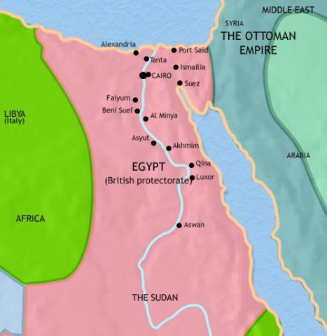 Map of Egypt in 1914 CE, when the security of the Suez Canal was threatened, the British sent forces to put down a revolt and soon found themselves in control of the country.