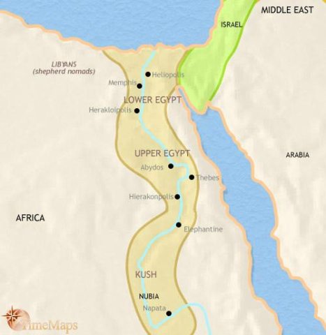 Map of Egypt in 1000 BCE, in late dynastic times. After centuries of greatness, Egypt has entered a long period of decline having lost its empire its Palestine and Nubia.