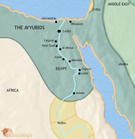 Map of Egypt in 1215 CE, under the dynasty of Turkish general from Syria, Saladin. He captured Jerusalem from the Crusaders and descendants, the Ayyubid now rule.