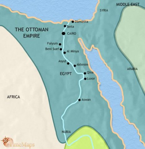 Map of Egypt in 1648 CE, when Egypt has become a province within the Ottoman empire, which retained the ruling elite and Mamluq troops now serve within the Ottoman army.