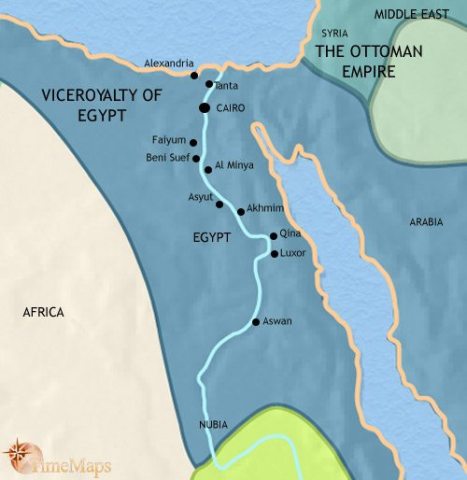 Map of Egypt in 1837 CE, a Turkish general sent to restore order by the Ottoman Empire after Napoleon’s defeat, has become de facto ruler of a semi-independent Egypt.