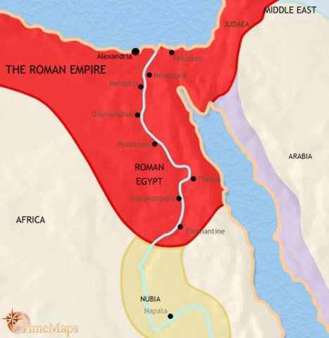 Map of Egypt in 200 CE, at the height of the Roman Empire when Egypt contains one of the largest and wealthiest cities of the empire, Alexandria.