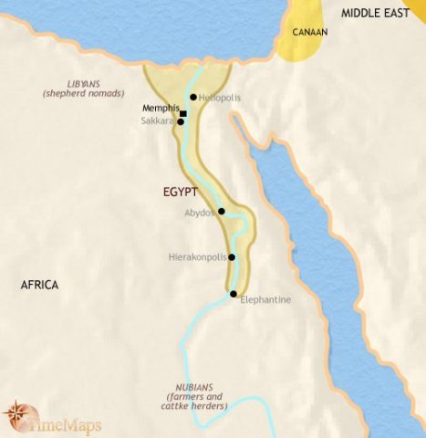 Map of Egypt in 2500 BCE, during the ‘old kingdom’ when Ancient Egypt is a great civilization and the Great Pyramids of Giza are being built.