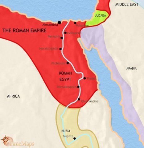 Map of Egypt in 30 BCE, its last independent monarch, Cleopatra, has killed herself after defeat at the battle of Actium, and the country has been annexed to the Romen Empire.