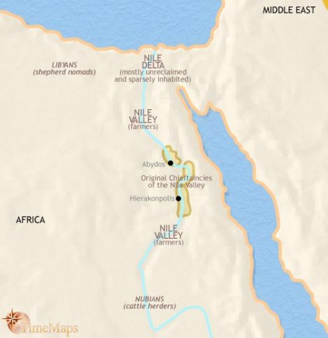 Map of Egypt in 3500 BCE, when one of the great civilizations of world history is beginning to emerge, with powerful chiefdoms along the middle Nile valley.