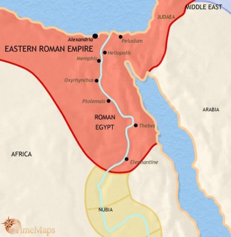 Map of Egypt in 500 CE, in late Roman times, when Egypt is a province of the Eastern Roman (or Byzantine) Empire. Egypt is a vibrant centre of Christianity.