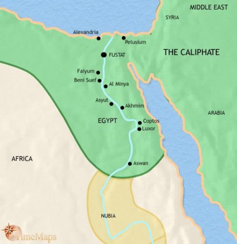 Map of Egypt in 750 CE, Egypt has become a province of the huge Islamic Caliphate. Egyptian society has thus far been little affected by the Arab conquests.