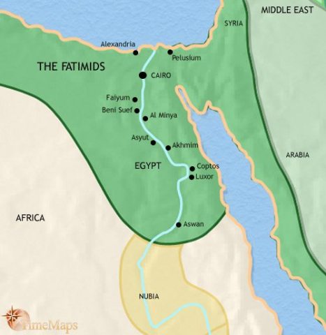 Map of Egypt in 979 CE, independent from the Islamic caliphate, Egypt is now a leading centre of Islamic civilization, under the Fatimid dynasty, a fervent Shi-ite sect.