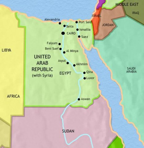 Map of Egypt in 1960 CE, after the British left Egypt after the Suez Crisis. Egypt has united with Syria as the United Arab Republic and is ruled by President Nasser.
