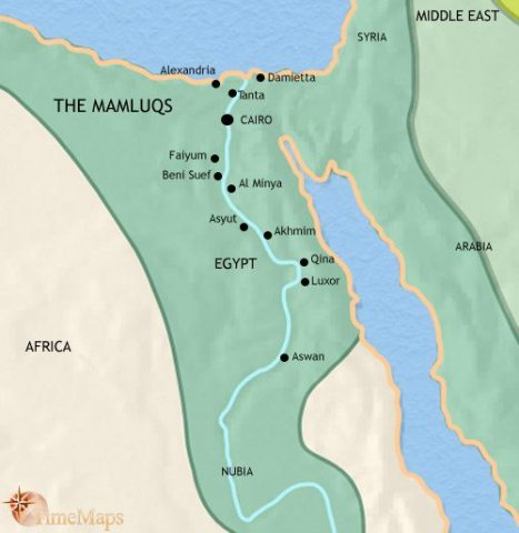 Map of Egypt in 1453 CE, when ruled by Mamluqs (Turkish warrior slaves) formally employed by the Ayyubid dynasty. The Mamluq sultans have defeated the Mongol army.
