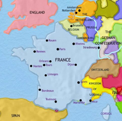 Map of France in 1837 CE, when The French Revolution, and then the rule of Napoleon, have changed France for good. Presently a liberal “Citizen King”, Louis Philippe governs.