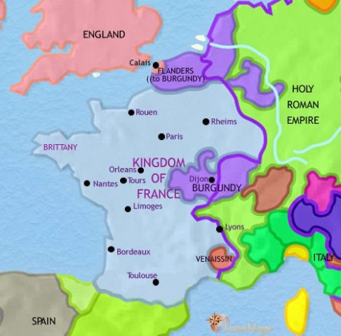 Map of France in 1453 CE, France has emerged victorious from the 100 Years War, expelling the English, except from Calais. A new state Burgundy is a major player.