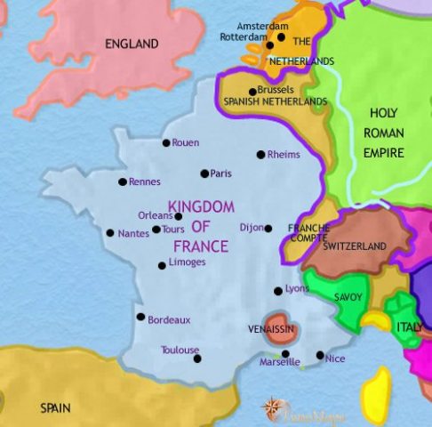 Map of France in 1648 CE, after the 30 years war, when wealthy France has gained Brittany, and land from the former duchy of Burgundy