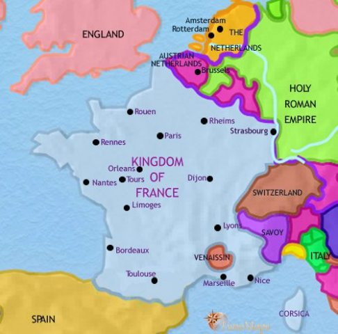 Map of France in 1789 CE, during the age of Age of Enlightenment, when expensive wars, financial problems and social inequalities sees France is on the verge of Revolution.