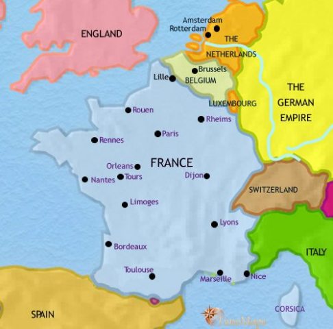 Map of France in 1871 CE, after Emperor Napoleon III’s defeat in the disastrous Franco-Prussian War, France loses Alsace-Lorraine to the new German Empire.