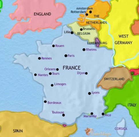 Map of France in 1960 CE, after France has experienced terrible losses in two world wars and a series of fierce colonial wars.