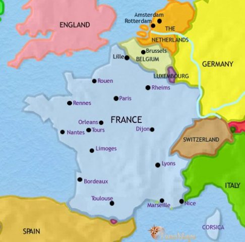 Map of France in 2005 CE, France is now governed by the Fifth Republic and has withdrawn from most of her overseas empire and is a leading member of the EU.