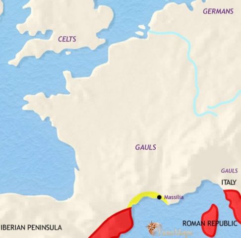 Map of France in 200 BCE, when the Celtic La Tene culture has seen the growth of forts and large settlements. Skilled craftsmen benefit from a wide trade network.