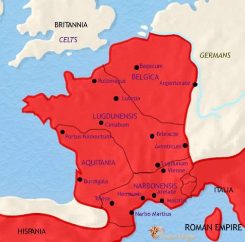 Map of France in 30 BCE, when the whole of the area of modern France has been conquered by the Romans and divided into four provinces.