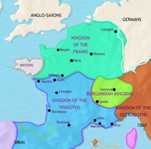 Map of France in 500 CE, when Gaul is divided amongst barbarian German-ruled kingdoms, and the north-west occupied by Britons, fleeing Anglo-Saxon invaders.