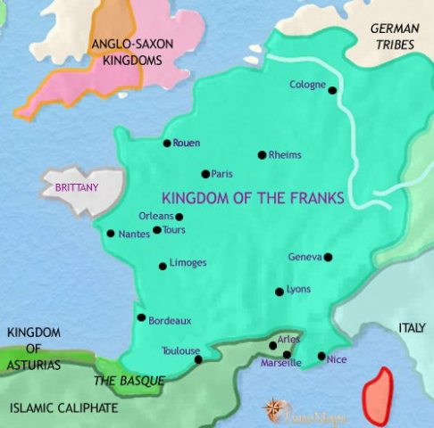 Map of France in 750 CE, when the kingdom of the Franks, under Carolingian rule, covers the whole country, and beyond. The Catholic Church is central to the administration.