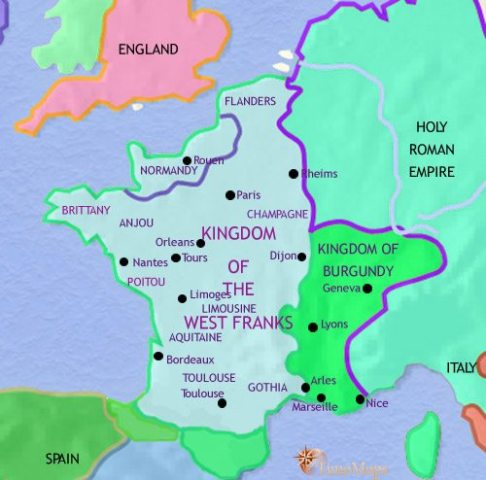 Map of France in 979 CE, when civil war and Viking raids have brought chaos to the west Franks, as royal authority declines, powerful local lords rise and feudalism emerges.