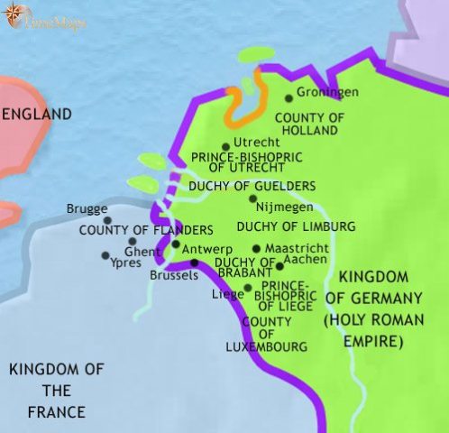Map of Low Countries in 1215 CE, independent prince-bishoprics (Liege and Utrecht) have developed, besides those ruled by counts and dukes. Flanders is the most powerful state.