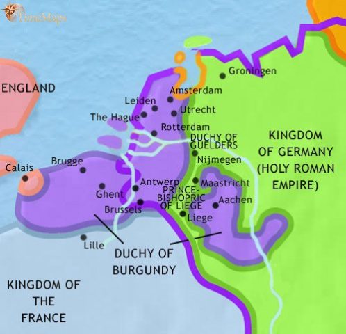 Map of Low Countries in 1453 CE, the dukes of Burgundy now rule the Low Countries, including Flanders, one of the wealthiest areas of late Medieval Europe.