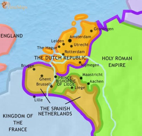 Map of Low Countries in 1648 CE, after much of Flanders passed from Hapsburg to Spain, the north rebelled and a new prosperous nation - the Netherlands won independence.
