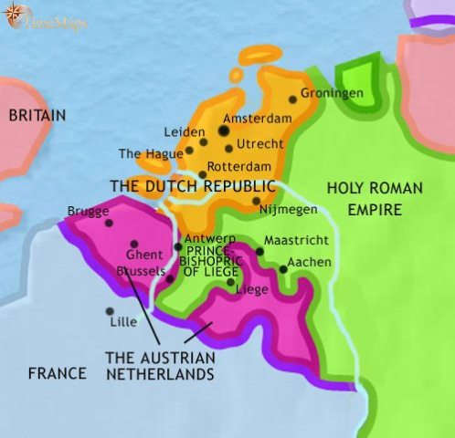 Map of Low Countries in 1789 CE, the Dutch continue as a centre of world-wide commerce. The Spanish Netherlands has transferred to the Austrian Hapsburg family.