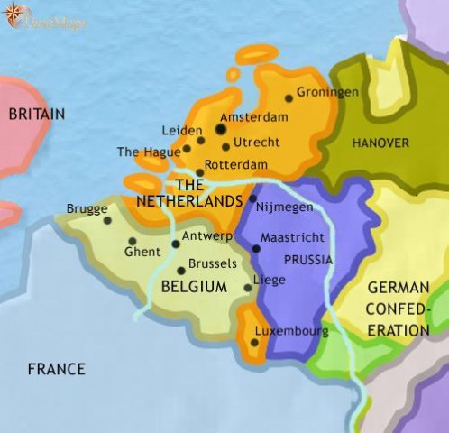 Map of Low Countries in 1837 CE, when the kingdoms Belgium and Dutchy of Luxembourg have appeared, alongside the Netherlands in the north.